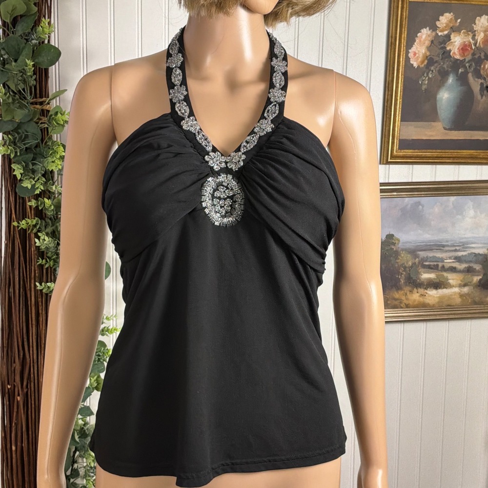Spense Y2K Halter Top Women S Black Excellent Beaded Medallion Evening Blouse